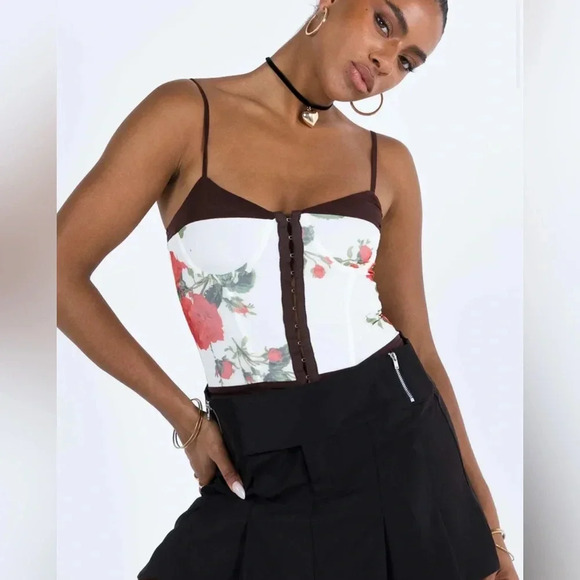 Princess Polly Colton Corset Top, Sz 6, White Floral, Roses, Red, Green, Brown - Picture 1 of 13